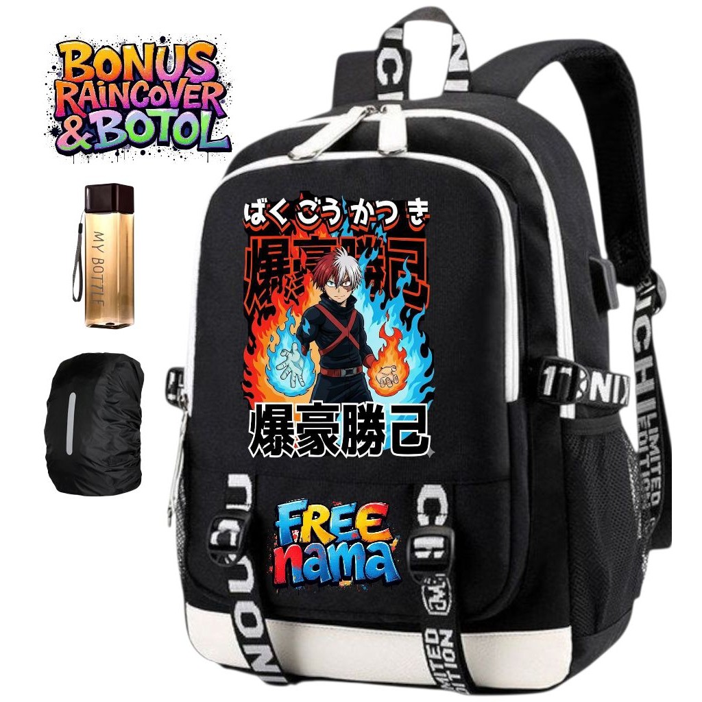 NDS - Tas Ransel Anime My Hero Academia Bakugo Todoroki Backpack Sekolah Remaja Bonus Botol & Rainco