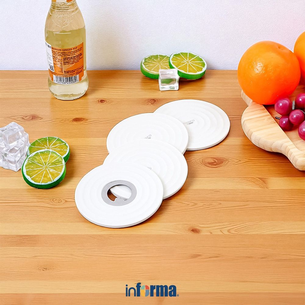 Informa Cooking Color Prun Tatakan Gelas & Pembuka Botol Silikon Set 4 pcs 10x10 cm - Putih Drinkwar