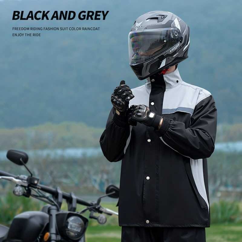 Jas Hujan Motor Setelan Waterproof Stylish dengan Reflective Strip & Pelindung Wajah