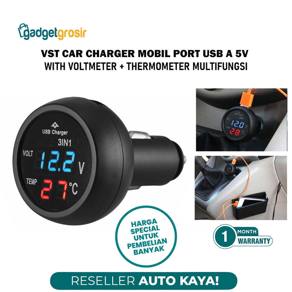 READY Car Charger 3in1 Port USB A 5V With Voltmeter Thermometer Digital Display Charger Mobil