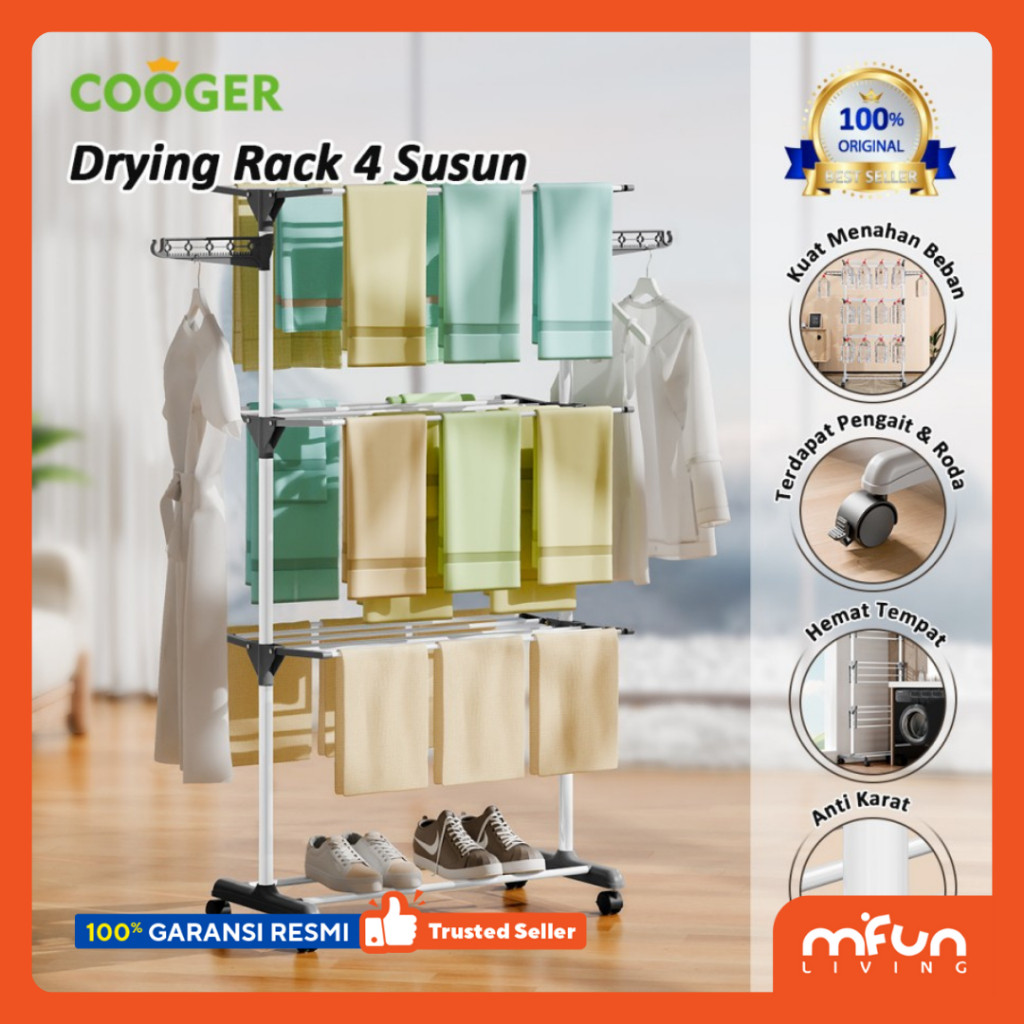 COOGER Rak Jemuran Baju Stainless Steel Rak Jemuran Handuk 4 Susun