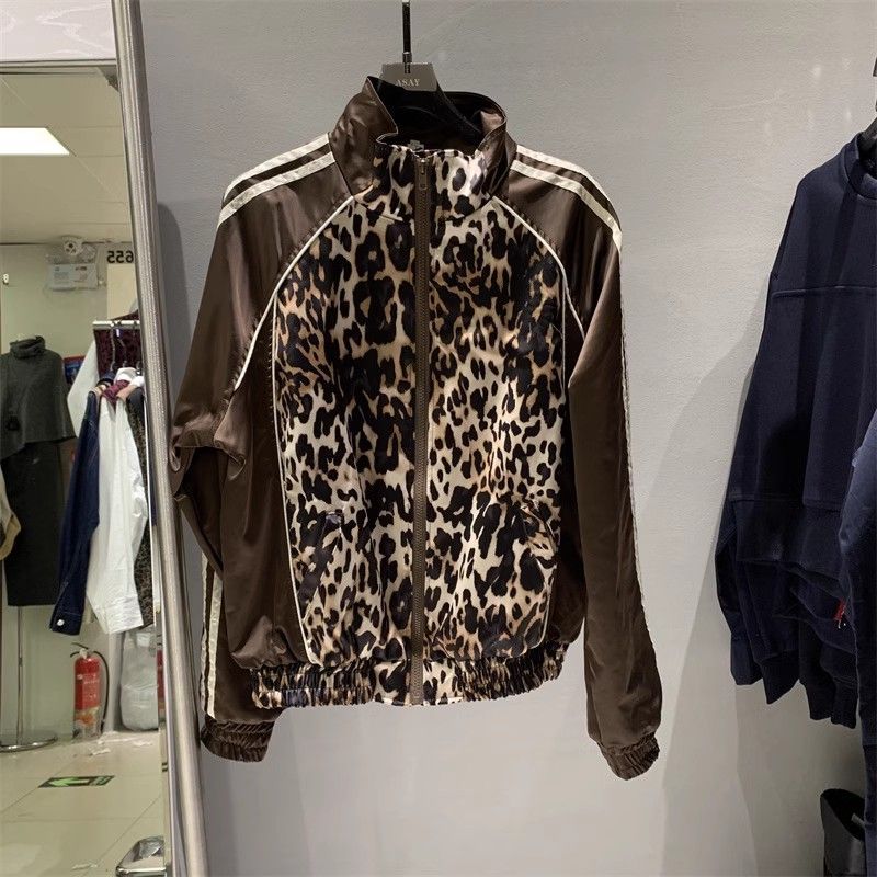 Wanita Macan tutul Zipper Jaket Olahraga Mantel Gaun Serbu