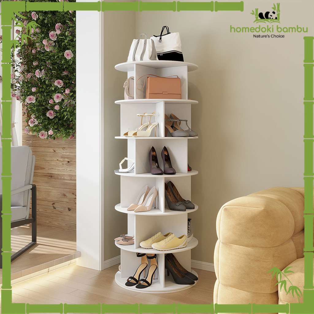 Homedoki Bambu-Rak Sepatu Putar/Lemari Sepatu Putar/Rak Sepatu Minimalis/Rak Pajangan
