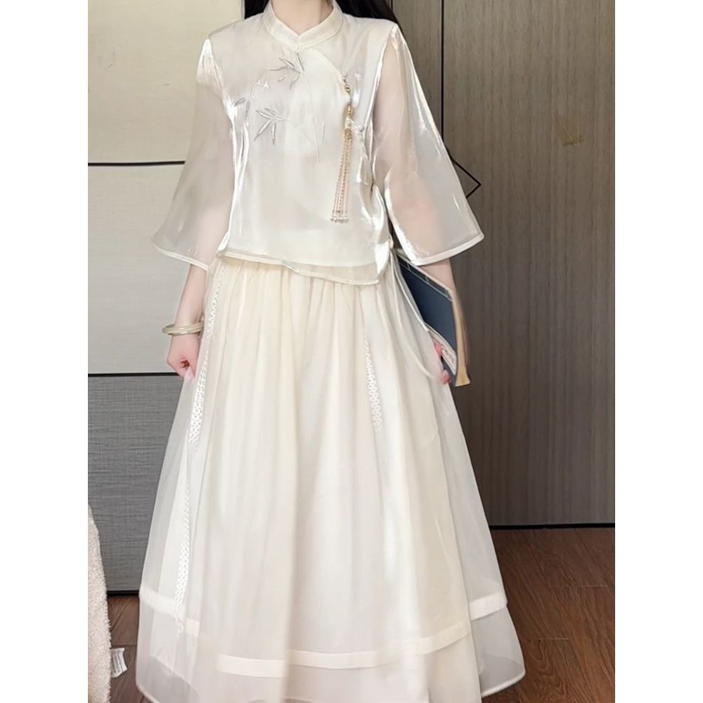 Set lengkap baju Cina baru untuk wanita dengan gaun setengah tubuh dua potong set lengkap baju