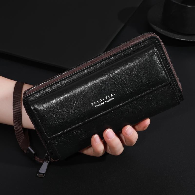 Dompet Pria Panjang Dompet hp dan uang Kulit Gaya Retro Kapasitas Tinggi Dompet Lipat