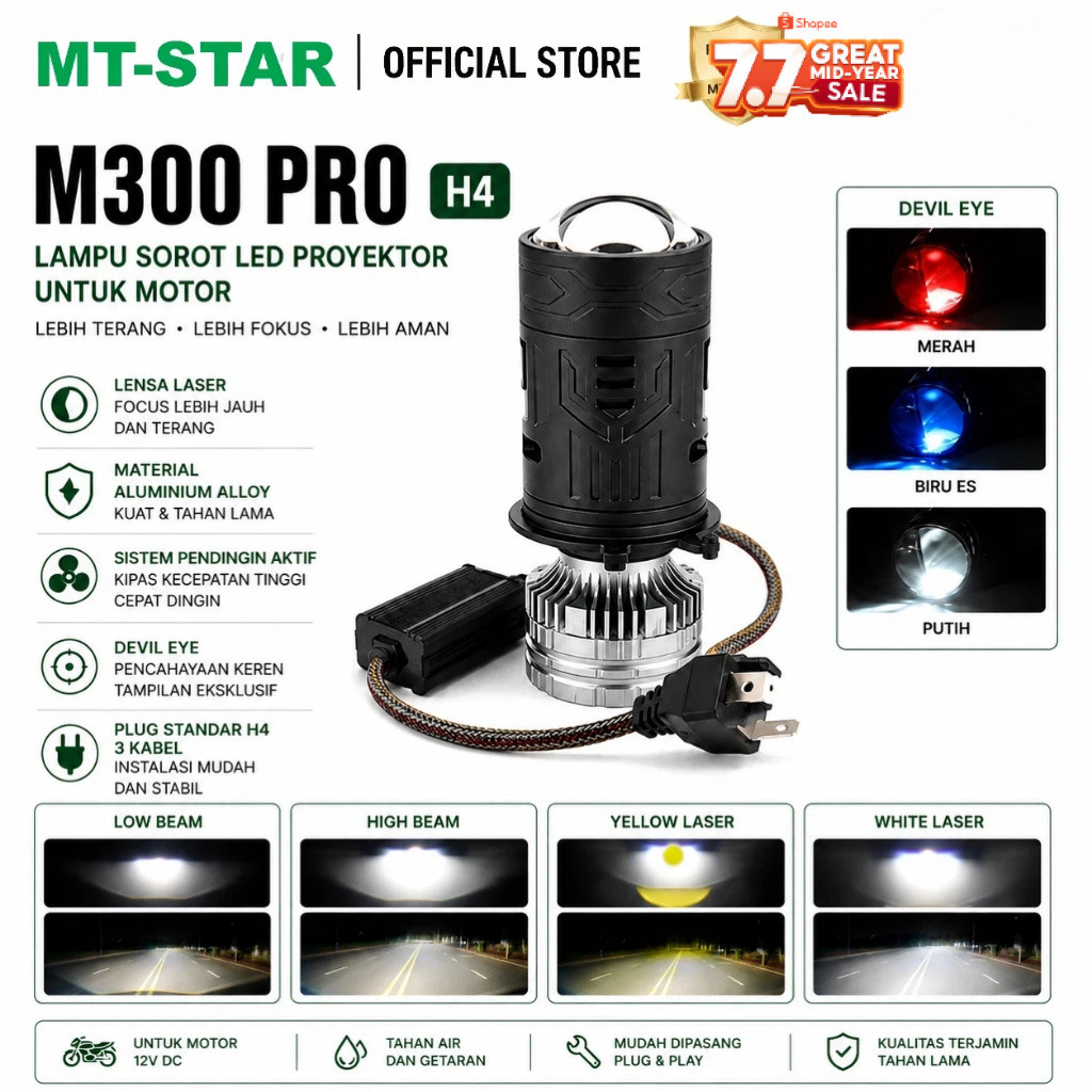 MT STAR M300PRO - Lampu utama Socket H4 LED Blue Lens