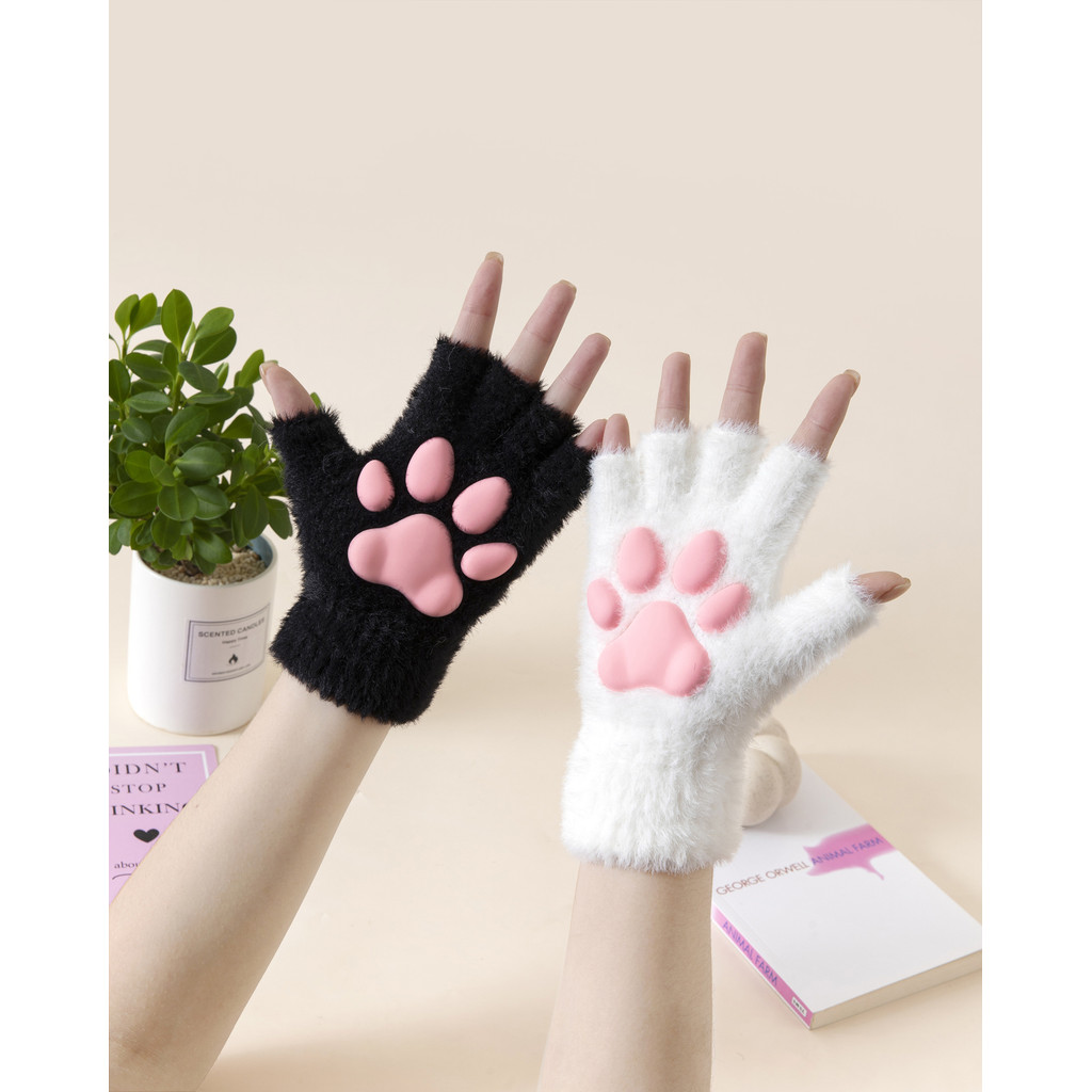 3D silicone padded cat paw plush five-finger gloves cute cat cosplay fingerless gloves