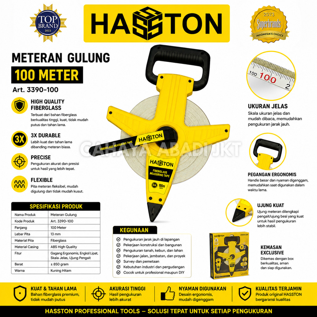 Meteran Gulung Fiberglass 100 Meter Hasston 3390-100 Roll Meter Survey Open Reel Original