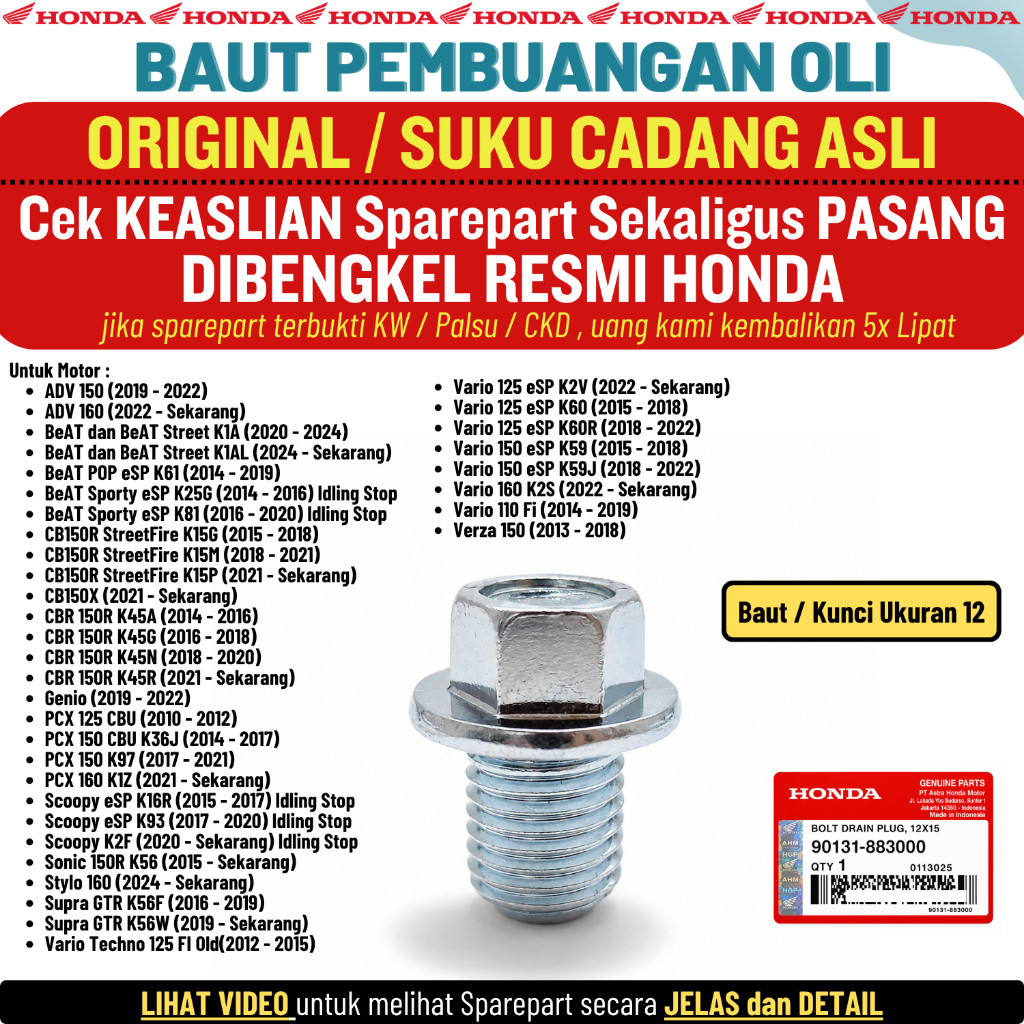 Baut Tap Pembuangan Oli CBR150R CB150R Original AHM Honda 100%