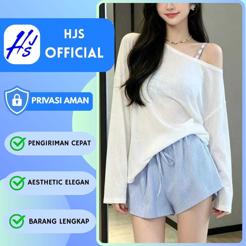HJS 8849 Pakaian Bikini 3in1 Dengan Pad Bra Salur Biru Baju Outdoor Pantai Activity Holiday Wanita