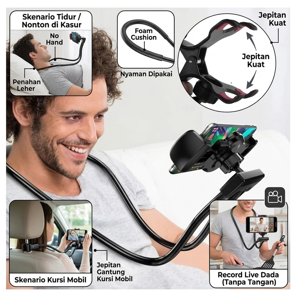 Lazyneck Lazypod Lazy Neck Flexible Model Jepit Phone Holder Leher Record Live Dada Tanpa Tangan No Hand Leher Penahan Handphone Tidur Penyangga HP Dada Penjepit Jepitan Gantung Kursi Mobil Chest Harness Belt Strap Foam Smartphone Multifungsi