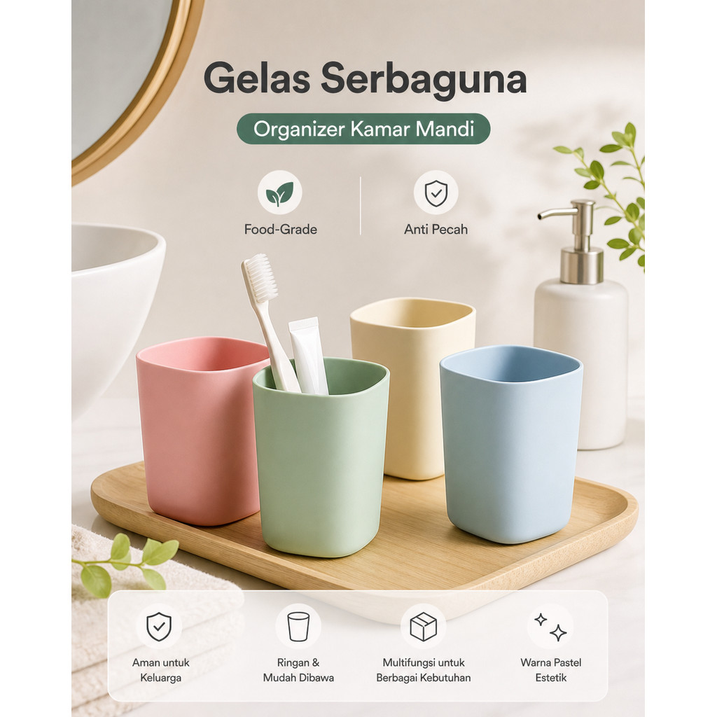 Gelas Minum Plastik Cangkir Kumur Wadah Tempat Sikat Gigi Kotak Odol Pensil Pulpen MakeUp Rias Organizer Kamar Mandi Anak Food Grade Rak Aksesoris Multifungsi Serbaguna Warna Pastel Anti Pecah gargle cup Pink Hijau Cream Biru Mint Murah Estetik Minimalis