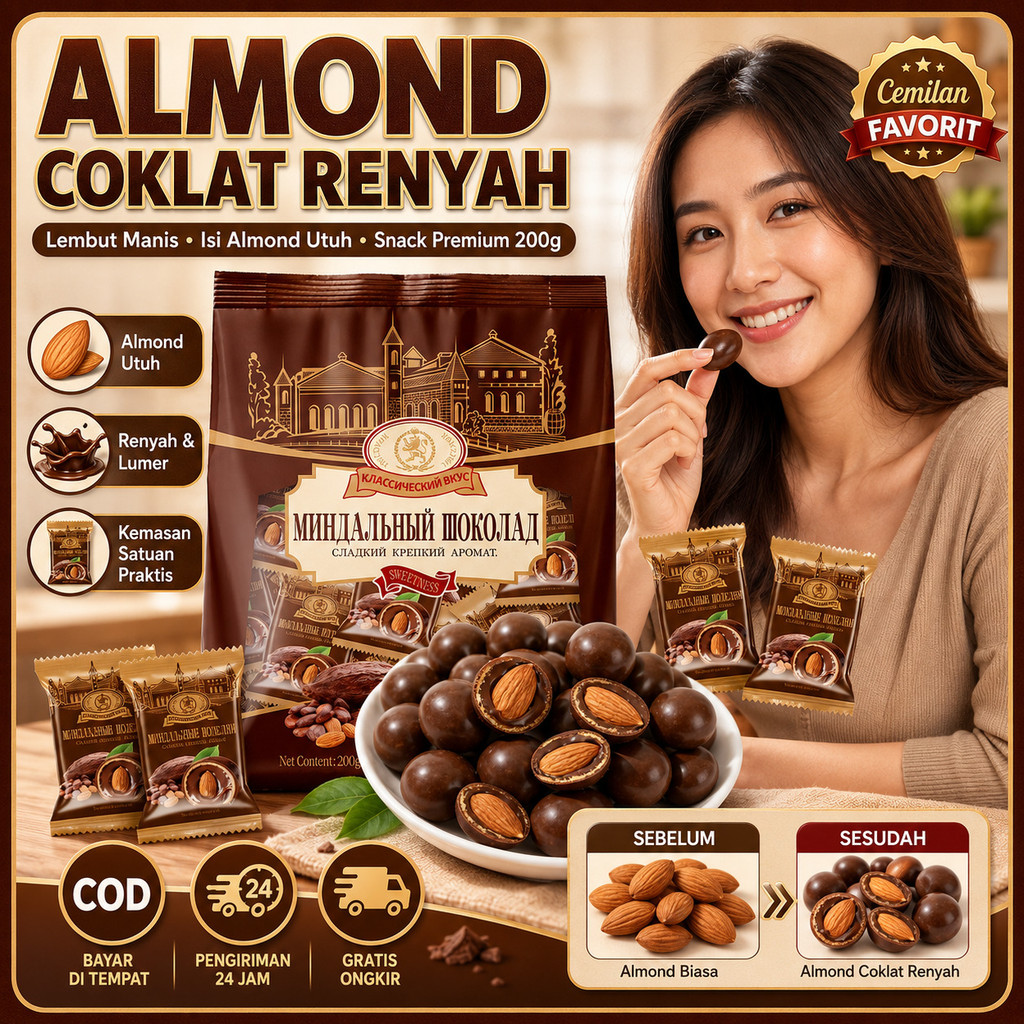 COD/Renyah Almond Lapisan Coklat/Kacang Almond Cokelat 200g/Coklat Almond Crunchy/Dark Chocolate Alm