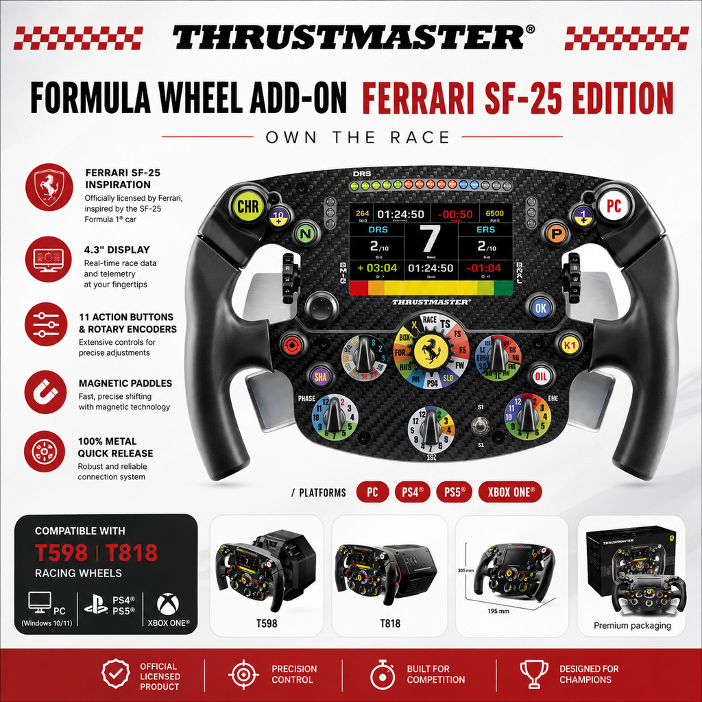 Thrustmaster Formula Wheel Add-On Ferrari SF-25 Edition Steering Wheel Add On For T598 T818 PC PS5 P