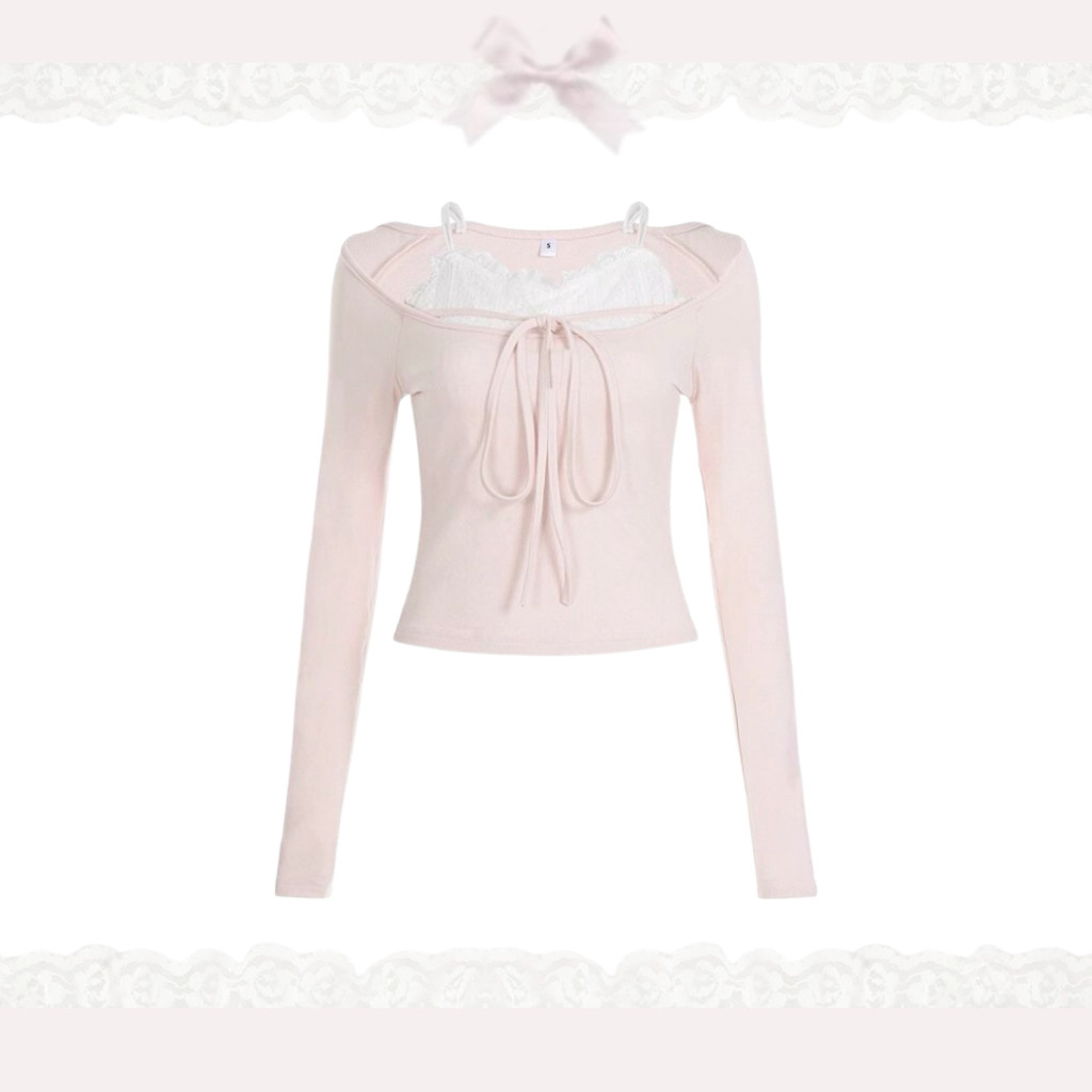 BRIGIXSHOP Jolie Top - Pink Ribbon Lace Top Long Sleeve / Coquette Top / Atasan Pink Lengan Panjang 