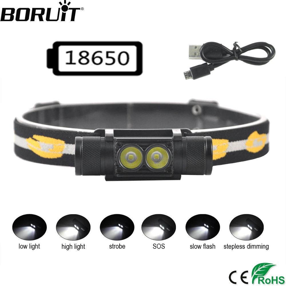 BORUiT D25 Dual LED Mini Headlamp 6-Mode 5000LM Powerful Headlight Reargeable 18650 Head Tor for Cam