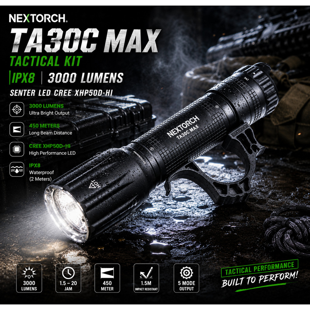 NEXTORCH Senter LED CREE XHP50D-HI Tactical Kit IPX8 3000 Lumens - TA30C MAX