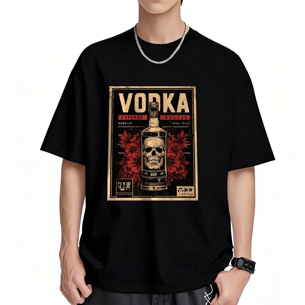 Kaos Pria Distro Original 100% Kaos Lengan Pendek T Shirt Unisex Desain Vodka Skull Vintage Floral K