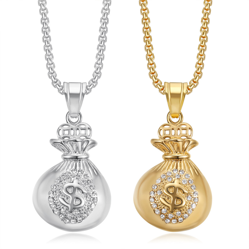 Stainless Steel Berlapis Emas Berlian Dolar AS Kalung Liontin Tas Uang