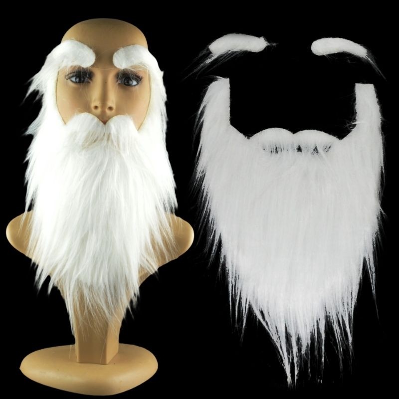 2pcs/-set Jenggot Panjang Palsu dan Alis Warna Putih Untuk Halloween/Pesta/Properti (Jenggot warok/J