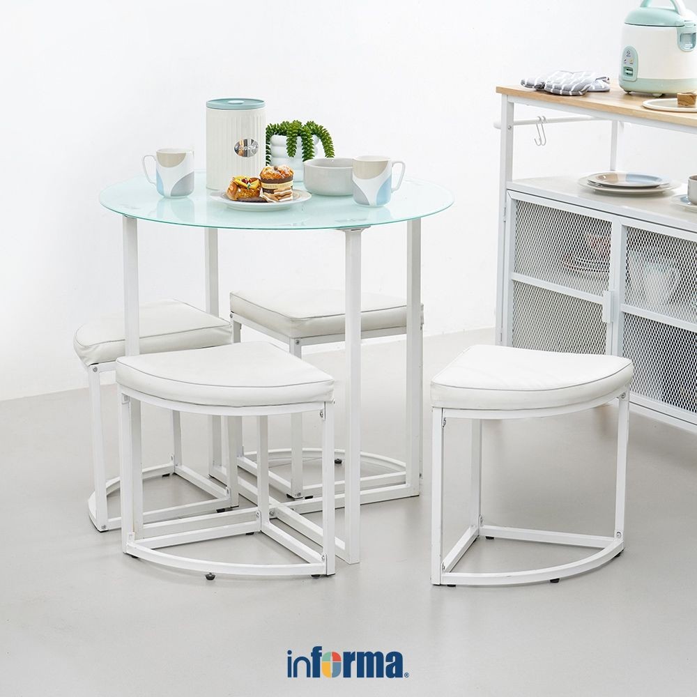 Informa Zeus Set Meja Makan 4 Bangku - Putih Meja Makan Bundar Kursi Minimalis Bangku Makan Meja Kac