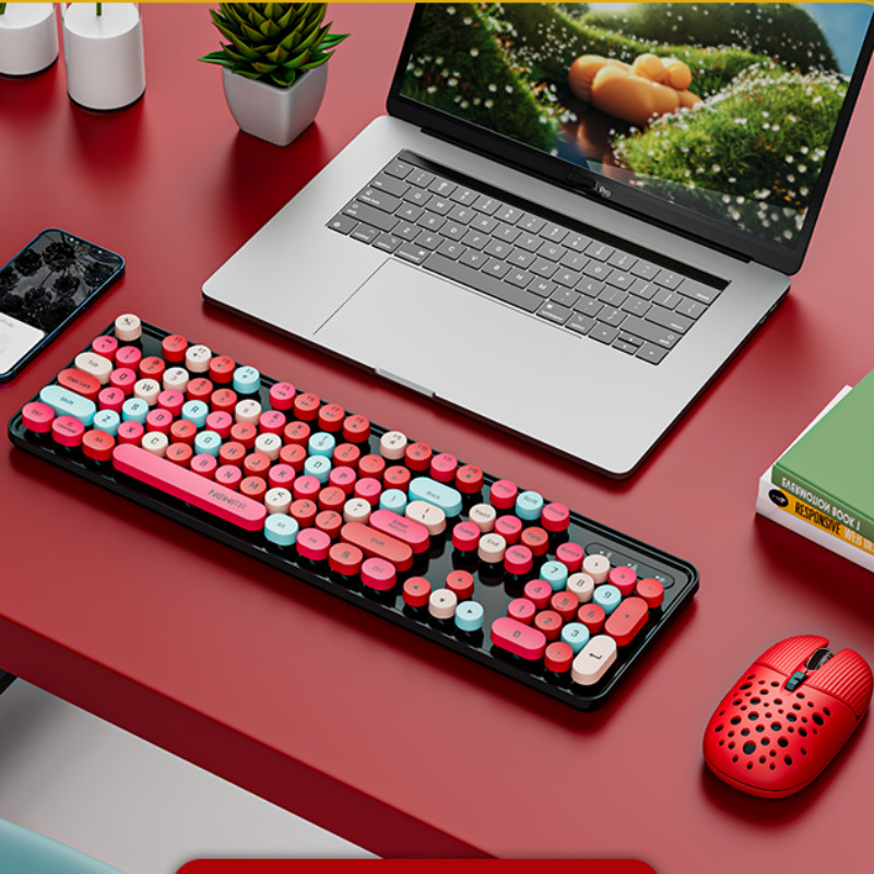 Cute 104Keys Retro Round Keycap 2.G Wireless Gaming Keyboard Mouse Combo Ergonomic Keyboard With Mul