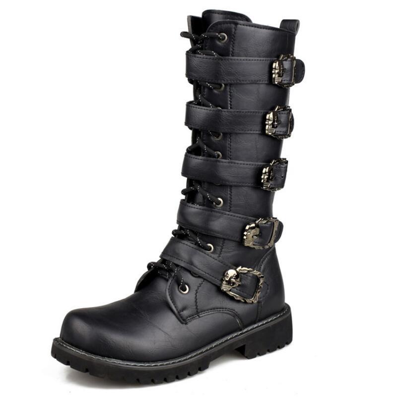 Large Size 38-46 Men's PU Leather Motorcycle Boots Mid-calf Breathable Combat Boots Gothic Belt Punk