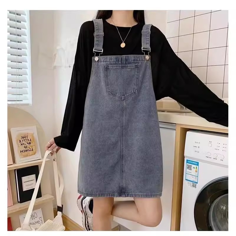 Rok Tali Jeans Wanita – Overall Mini Dress Denim, Korea Style, Jumbo, Slim & Kasual