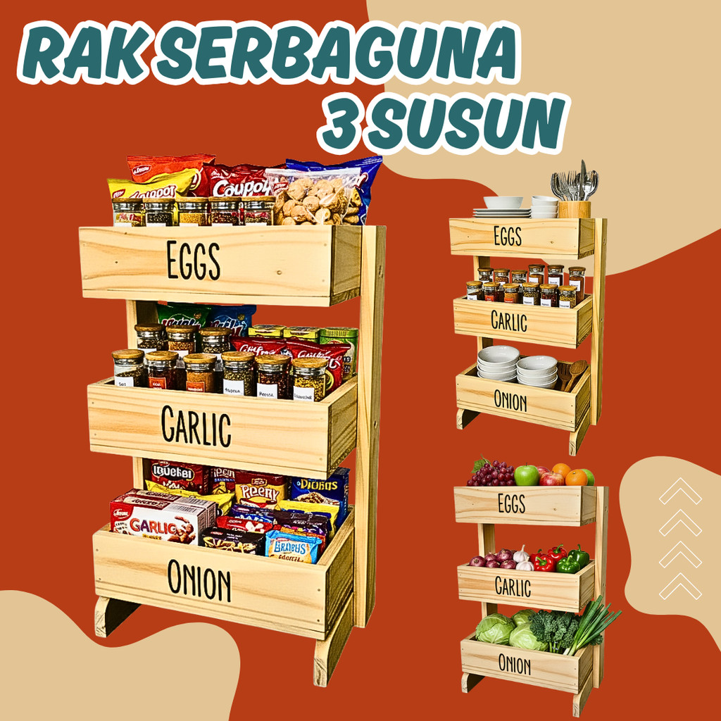 Rak Bawang Kayu 3 Susun / Rak Bumbu Serbaguna