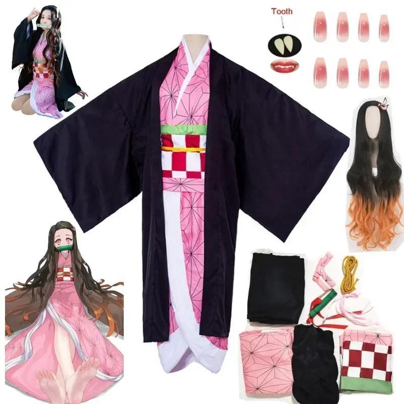 Kamado Nezuko Anime Cosplay Costume, Kimono, Kimetsu No Yaiba, Perruque, Uniforme, Hallween, Femmes,