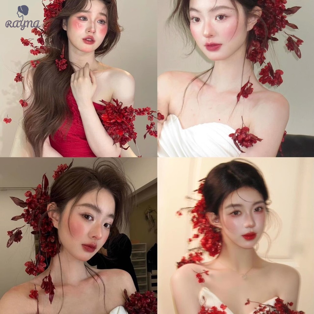 RAYNA Hiasan Kepala Bunga Merah Untuk Pengantin - Jepitan Rambut Bunga Kering - Aksesori Rambut Cheo