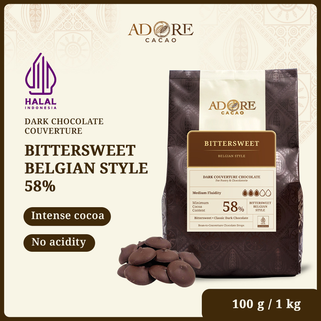Adore Cacao 1kg Dark Chocolate Couverture Bittersweet Belgian Style 58% - Coklat Couverture