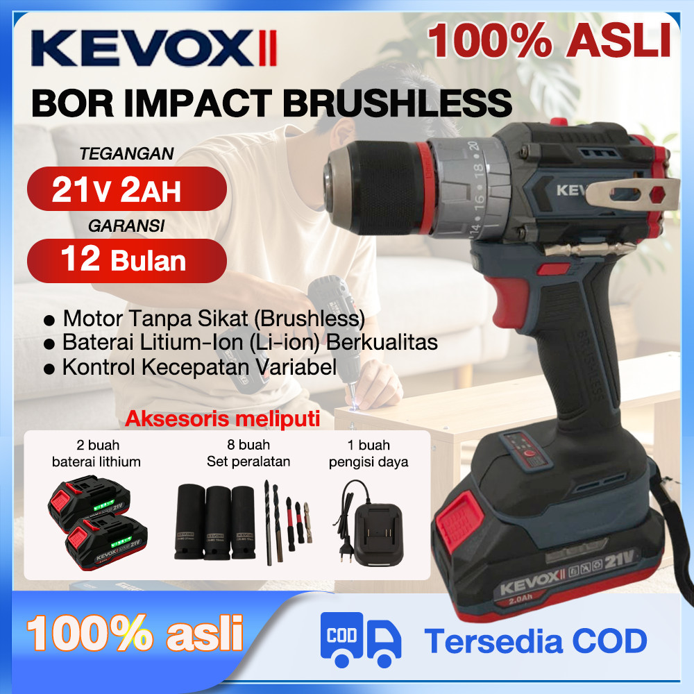 KEVOX Bor Sekrup Impact 13MM Mesin Bor 2Baterai Bor 21V Baterai Lithium Multifungsi Tanpa Kabel