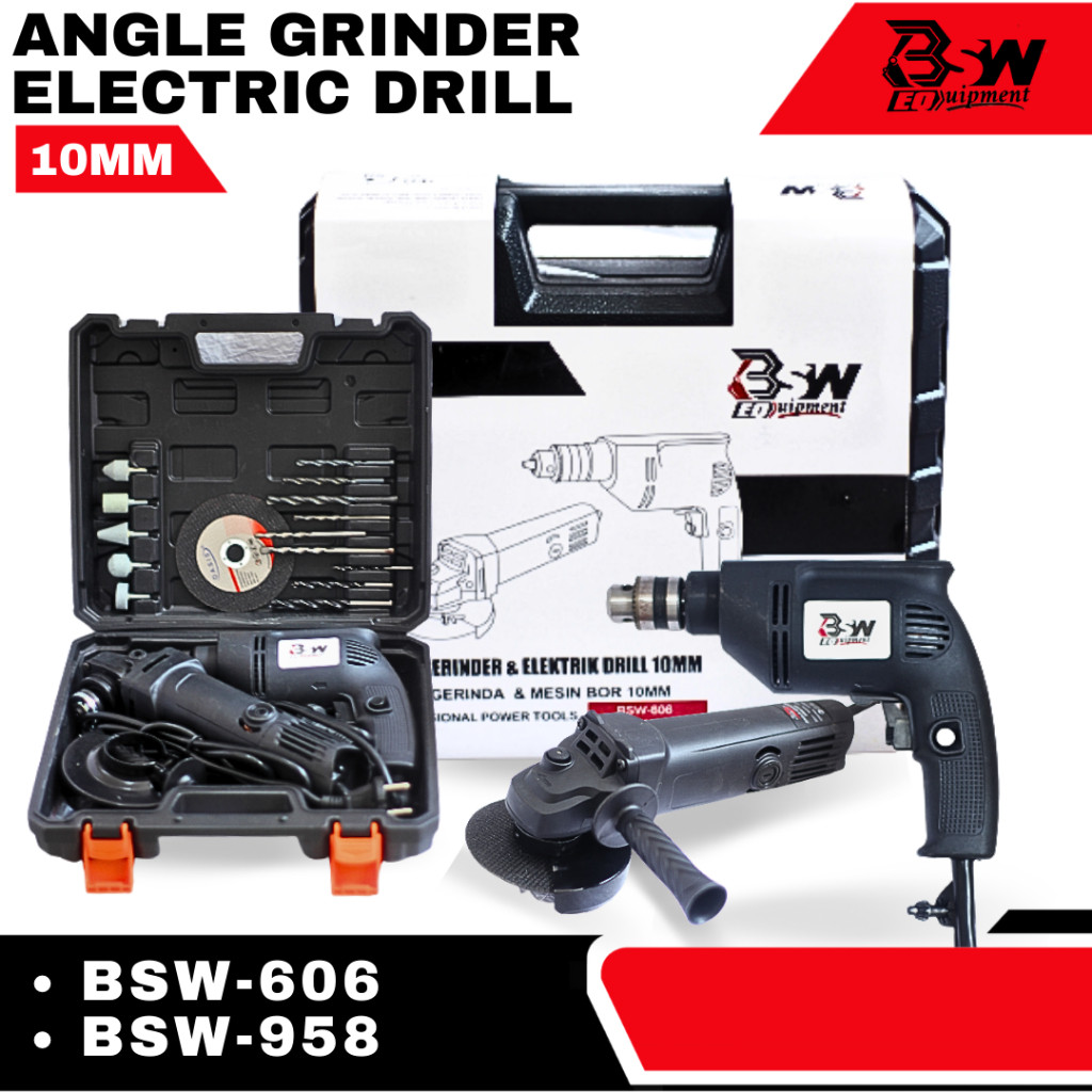 TEAMOR TOP 1  PAKET BOR GERINDA KOPER FULL SET FREE AKSESORIS MEREK BSW BOR TENGAN LISTRIK 10MM VARI