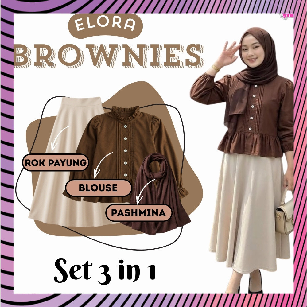 Oneset Blouse Elora Choco With Rok Payung 3 in 1 Outfit Korean Style Kekinian (Pashmina + Blouse Elo