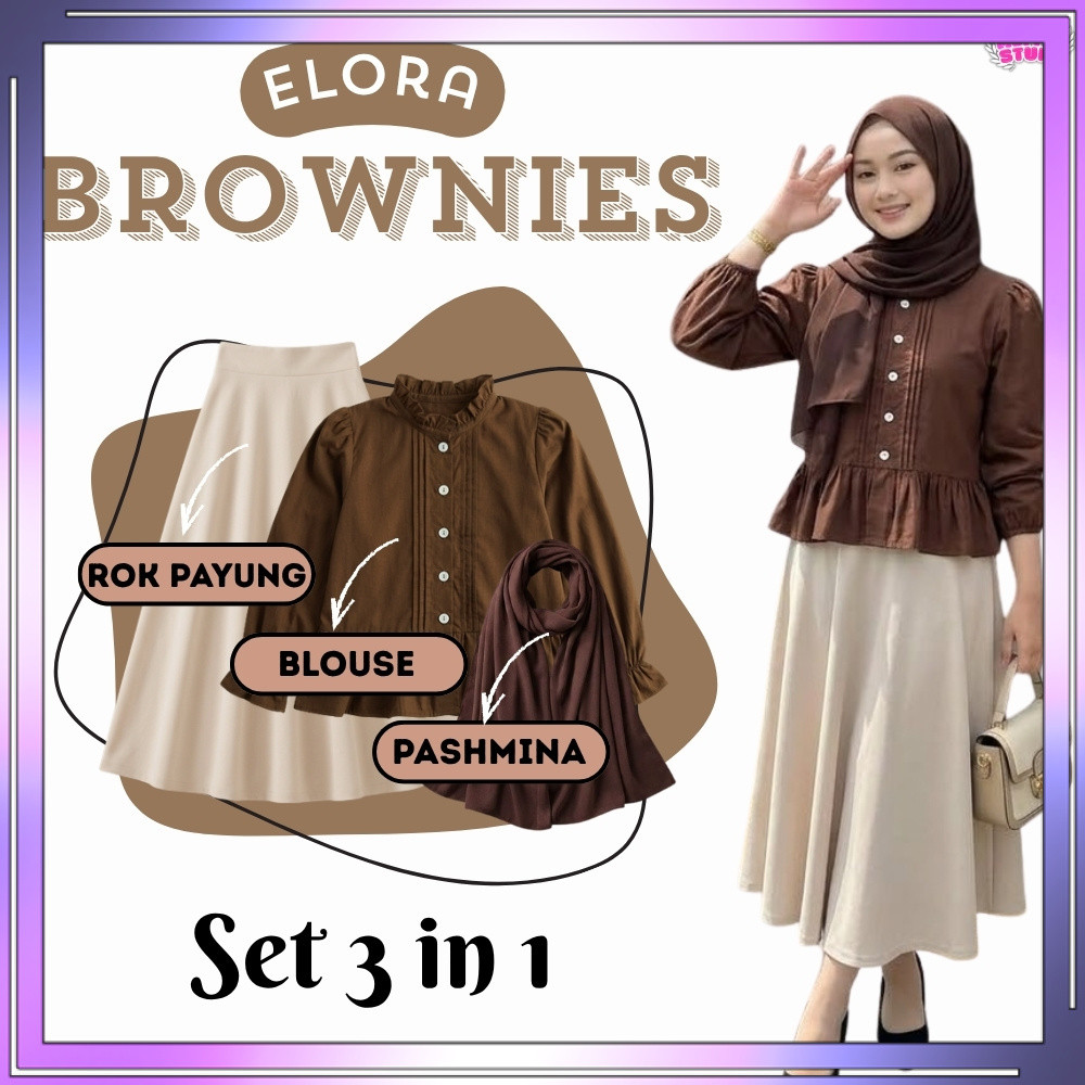 Oneset Blouse Elora Choco With Rok Payung 3 in 1 Outfit Korean Style Kekinian (Pashmina + Blouse Elo