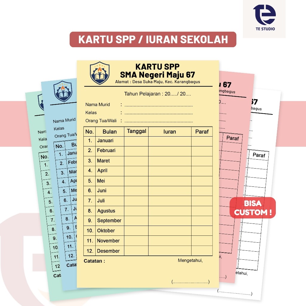 KaryaCetak.id - Kartu SPP Iuran Sekolah Custom Nama Logo Kartu Syahriyah TPA TPQ Kartu Iuran Infaq a