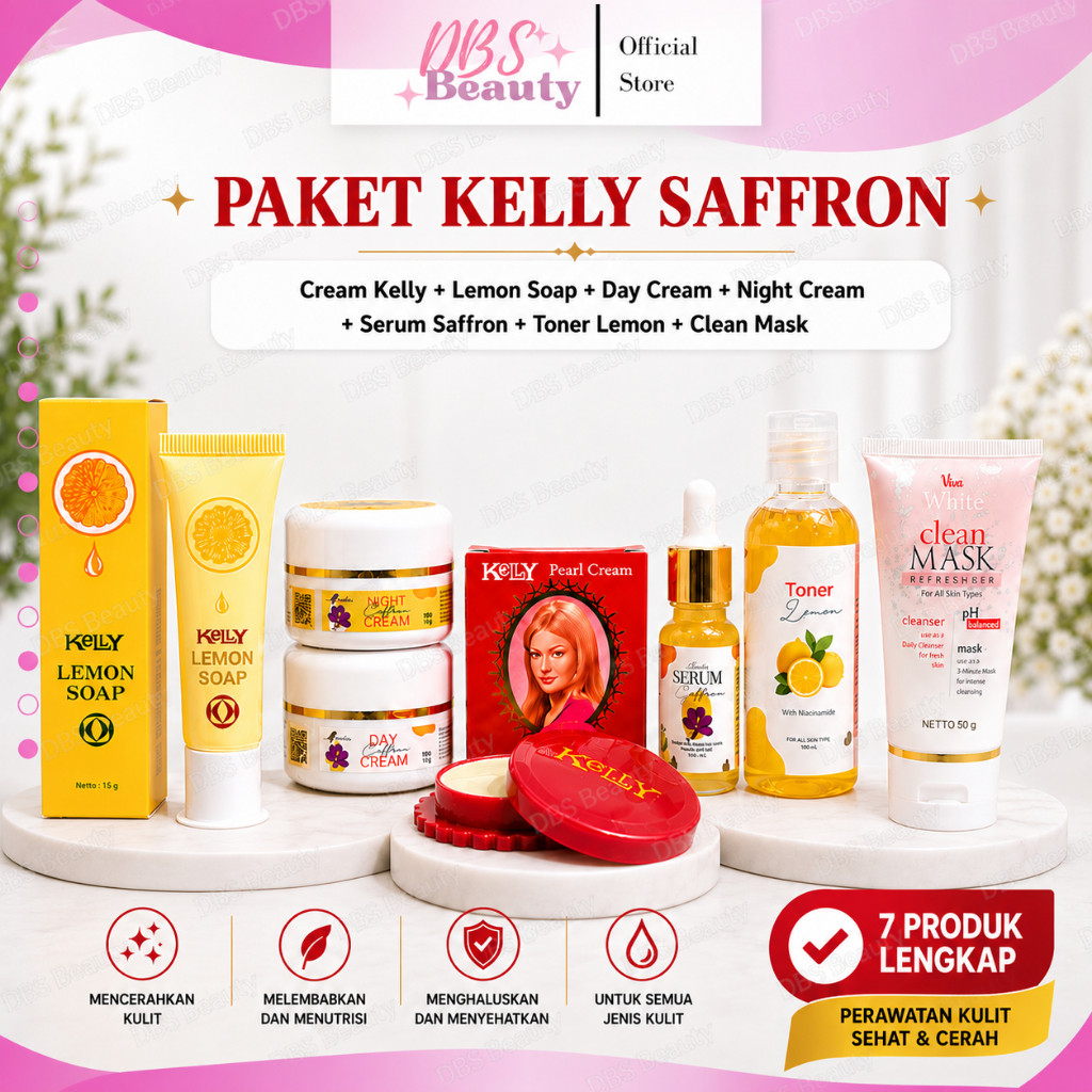 Paket Kelly 7in1 Mencerahkan Wajah Kelly Cream Siang Malam Serum Saffron Toner Lemon Untuk Mencerahk