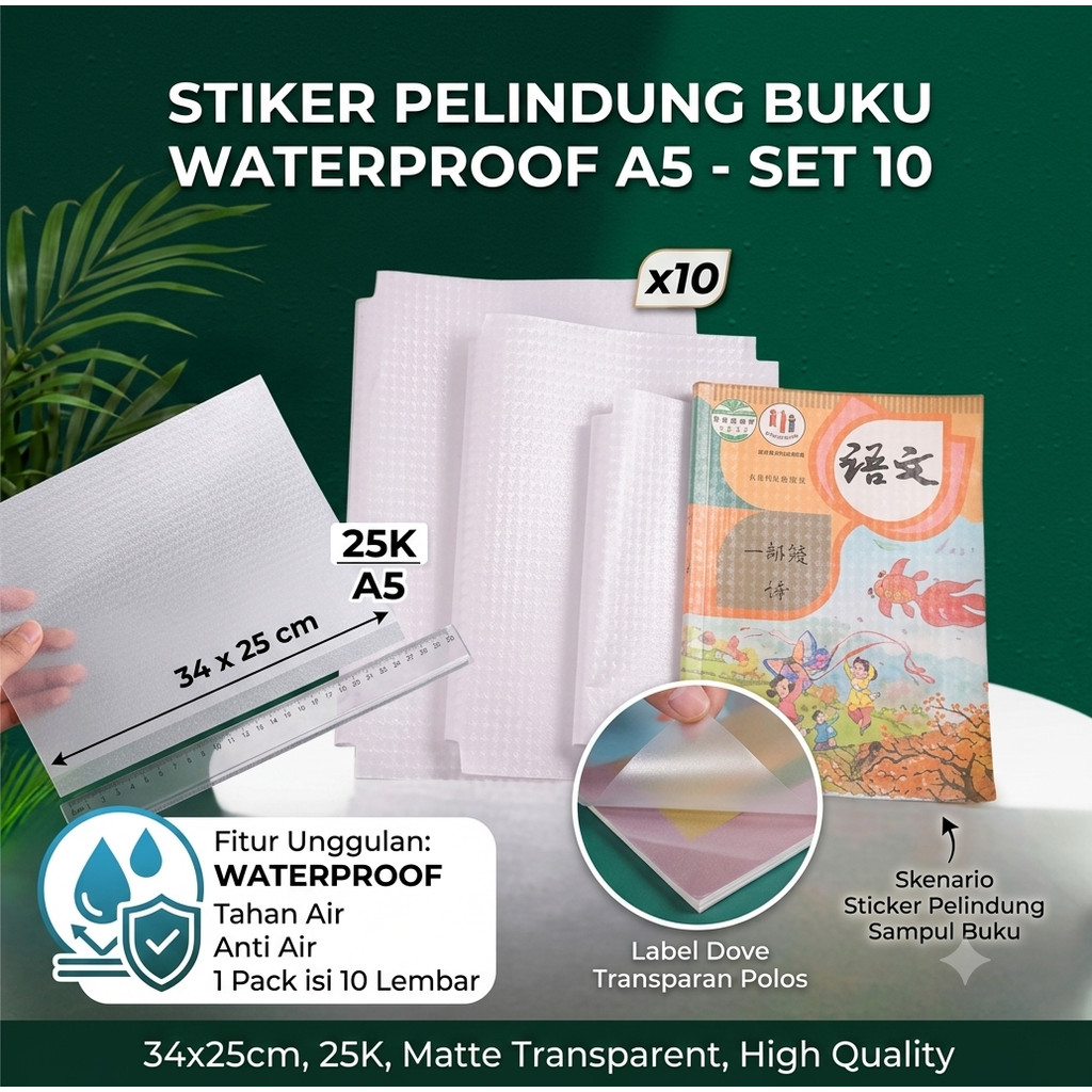 Sticker Pelindung Sampul Buku Stiker A5 25K Waterproof 34 x 25 cm 34X25CM label Dove Transparan Polos Tahan Air 1 Pack isi 10 Lembar Sampul Buku Plastik Bening Transparan Berperekat Self Adhesive Cover Pelindung Anti Air Tebal Praktis Sekolah Pelajaran