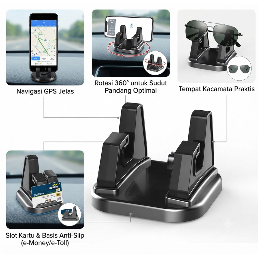 Alas Tempat Dudukan GPS Navigasi Duduk Berdiri HP Car Phone Holder Stands Mini Silicone Smartphone Kacamata Rotasi 360° Mobil Rotatable Support Anti Slip Mobile 360 Mount Dashboard GPS Navigation Universal Auto Emoney Etoll Anti Slip Car Phone Dengan Lem