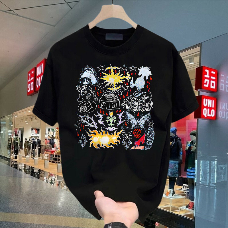 Kaos Basic Heavyweight Motif Kolase Matahari Bulan Kupu Kupu Rumah Dan Bunga Warna Warni Gaya Tattoo