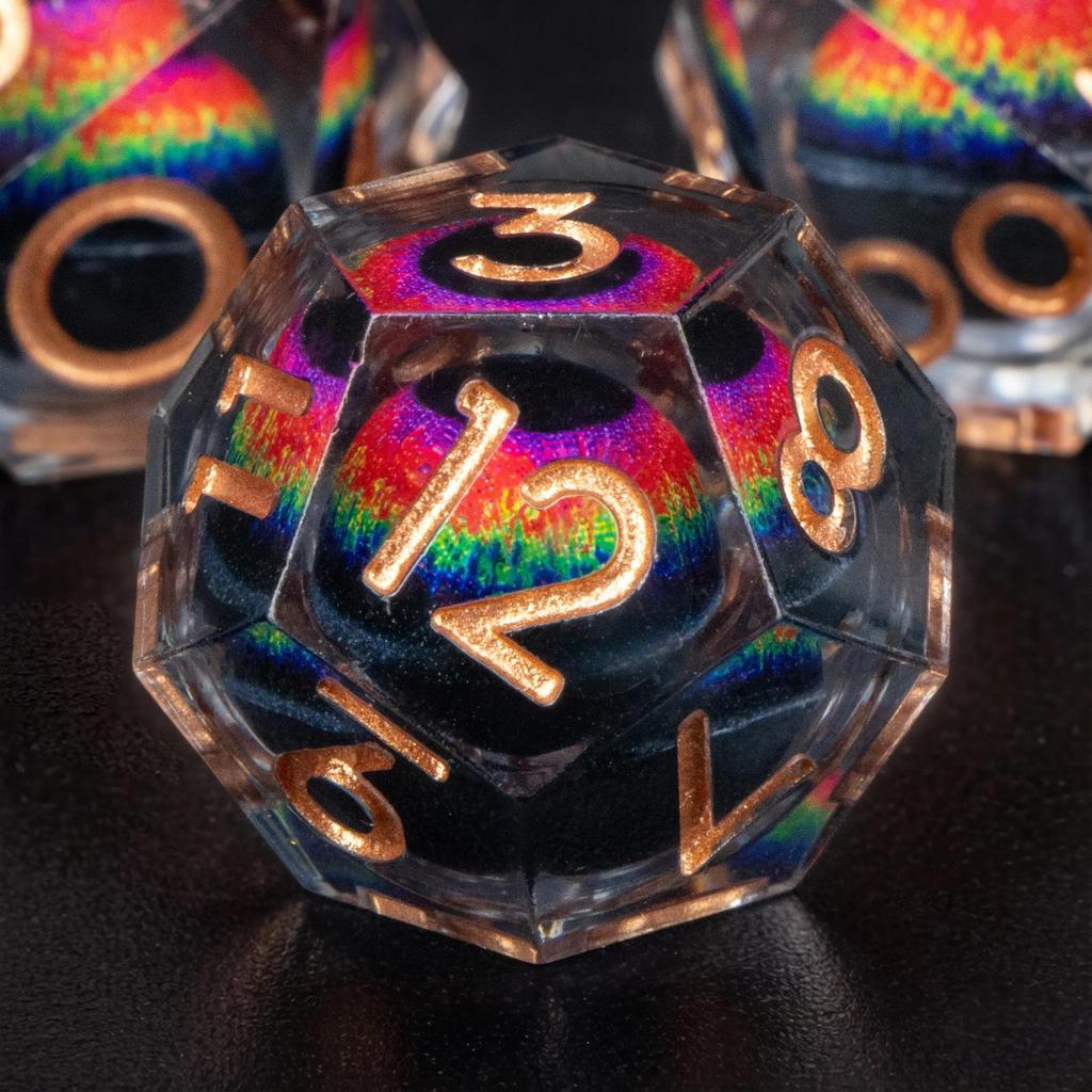 Dragon Eye Liquid Core Dice, Sharp Edge Resin, DnD Dice Set