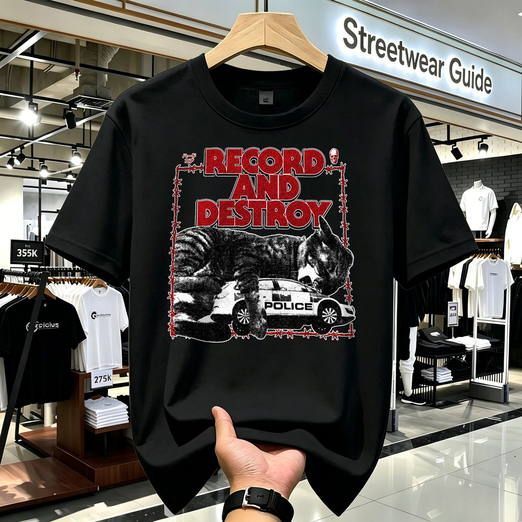 T-shirt Vintage Unisex Record And Destroy Motif Badak Dan Mobil Polisi, Kaos Band Gaya American Styl