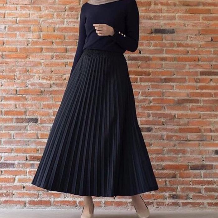 Rok Plisket Premium Tebal Polos Panjang Bawahan Wanita - BLACK