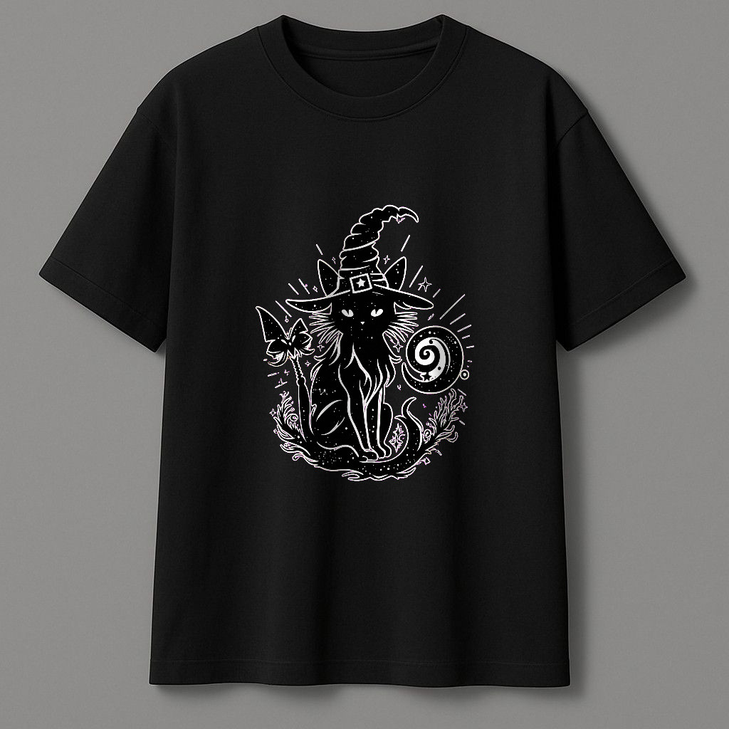 Kaos Pendek Kucing Penyihir Hitam Dengan Topi Sihir, Bulan Bintang Dan Kupu-Kupu, Katun Tshirt Unise