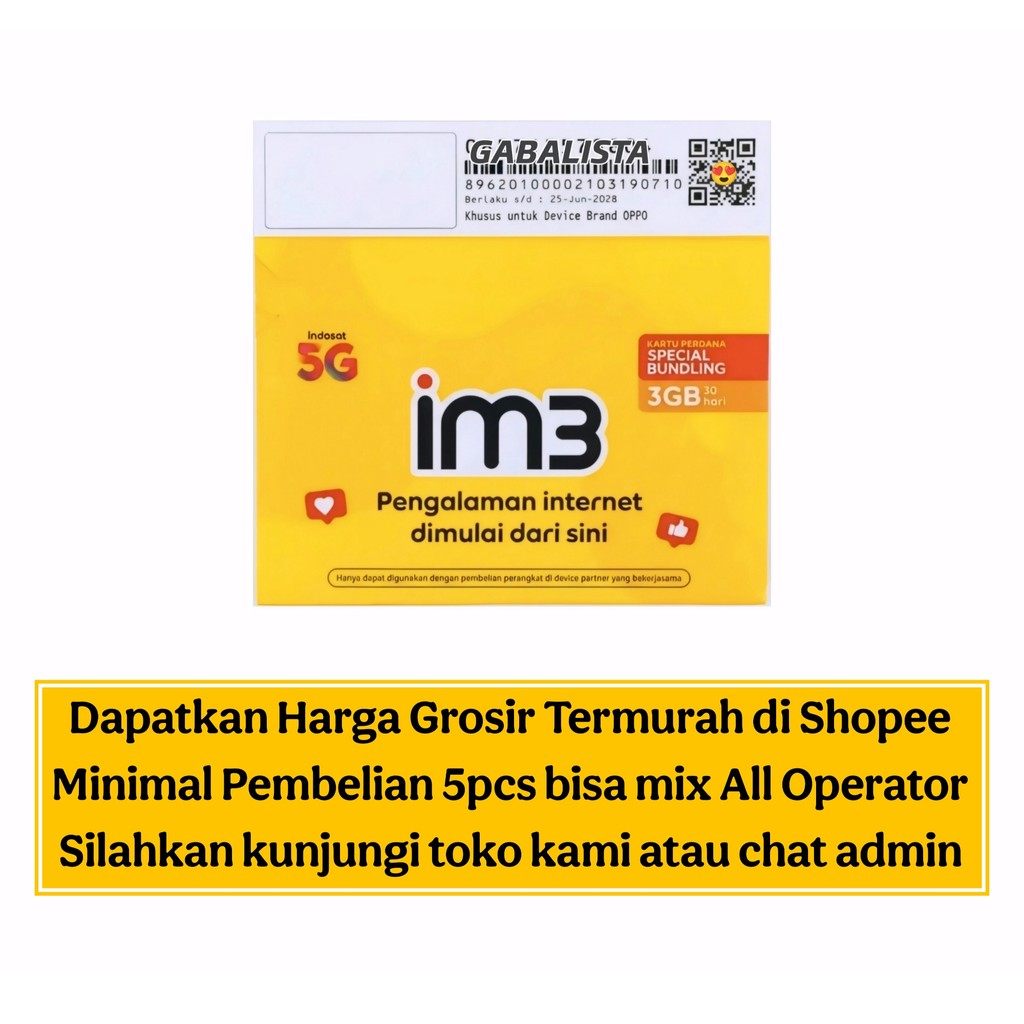 #MV1 Perdana Im3 Segel, Kosongan / Kuota 3gb, Kartu prabayar Indosat 4G/5G