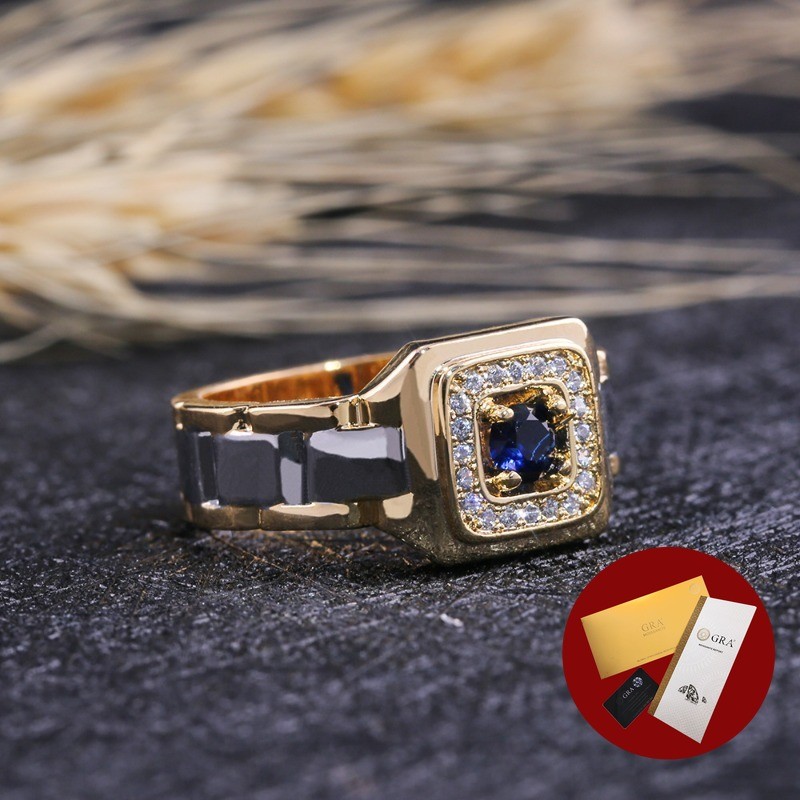 (Free Gra Certificate) Cincin Pernikahan Pria Mewah Safir Moissanite Persegi
