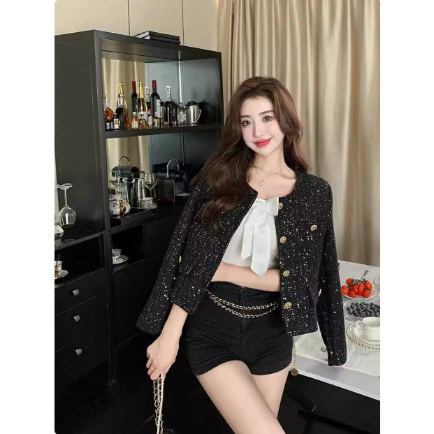 EMITA BLOOM outer hitam crop top lengan panjang kondangan wanita kekinian korean style lebaran 2026 
