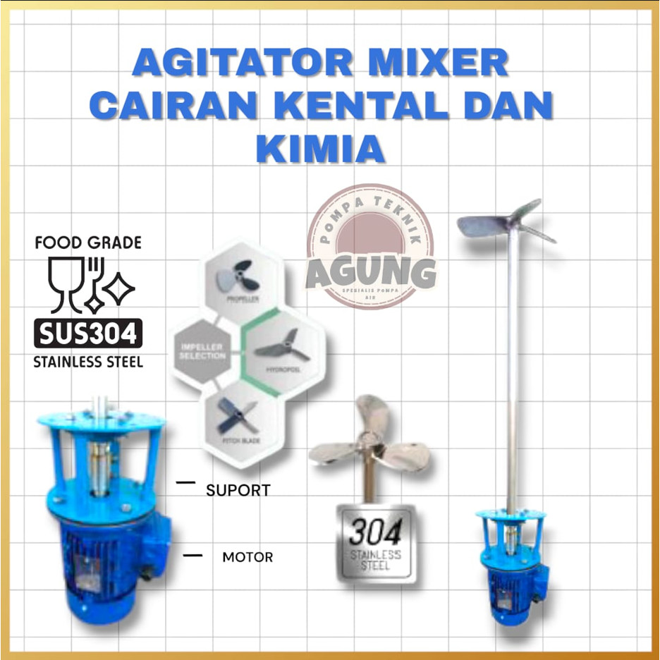 Agitator Mixer Kimia SS304 0.12KW 0.18HP 1350RPM 3 Phase 4 Pole Direct