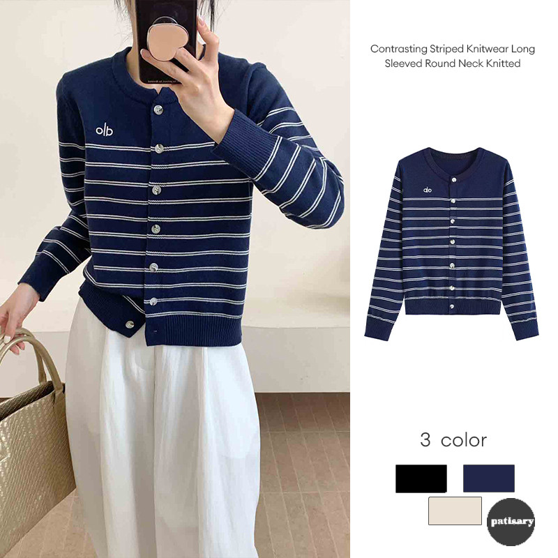 PAT_Baju Rajut Bergaris Kontras Leher Bulat Lengan Panjang Rajutan Top Kardigan Wanita Trendi